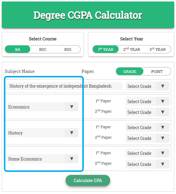 Select Degree Subject Name